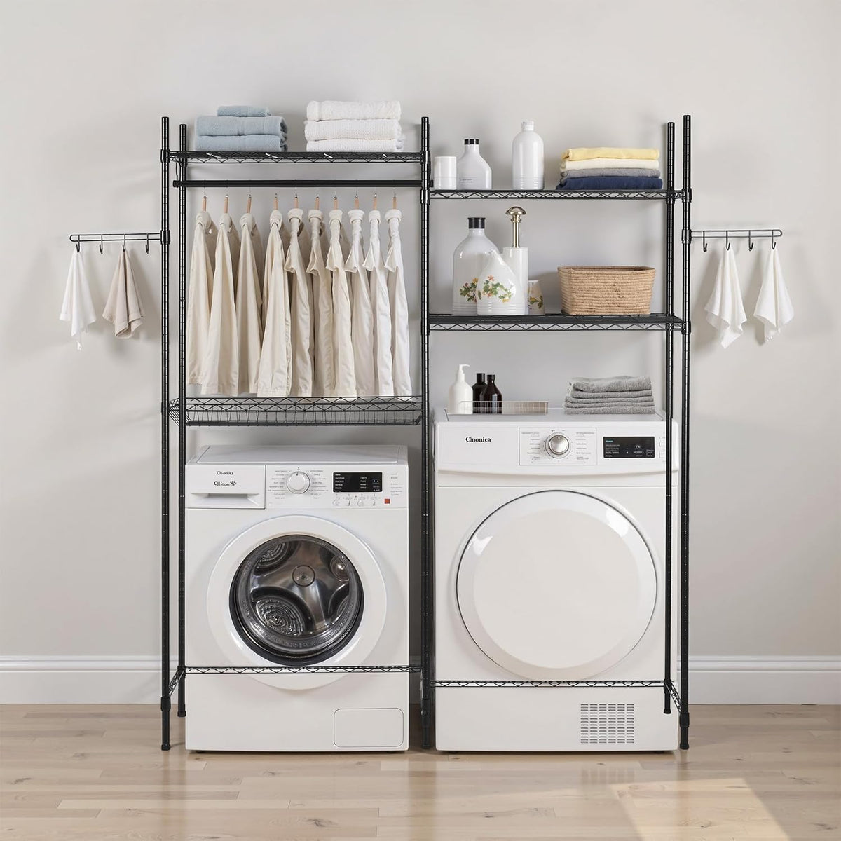 Over the Washer and Dryer Storage Shelf, 4 Tier Laundry Room Drying Rack with Hanger Rod and Hooks, Adjustable Over