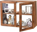 Wood Glass Display Case with Double Doors, 2-Level Shelf, Brown | Brown wood-and-glass case with double doors and