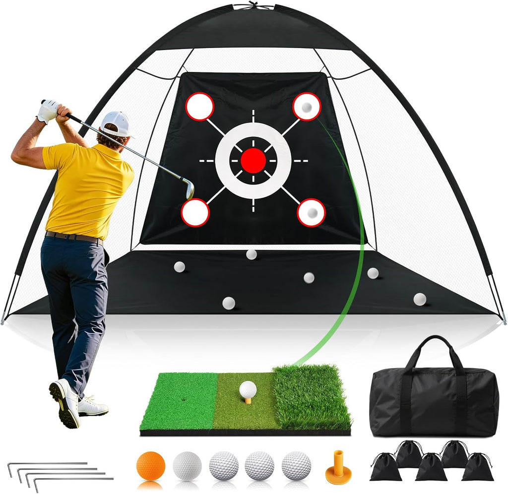 Golf Net 10x7FT All-in-One with Tri-Turf Practice Mat, Ball, Target & Carry Bag, Backyard & Indoor Outdoor Golf