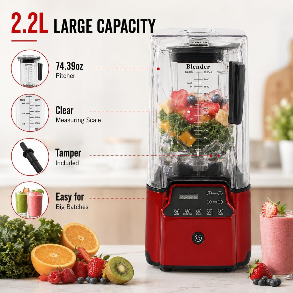 2200W Commercial Blender with Sound Enclosure – 9-Speed 26000 RPM, 6 Sharp Steel Blades, Timer, 2.2L Professional