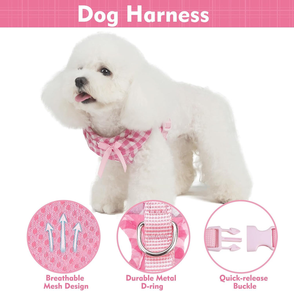Cute Dog Harness Collar Leash Set - Pink Girl Dog Harness Checkered Step-in Design, Detachable Bow Pet Collar