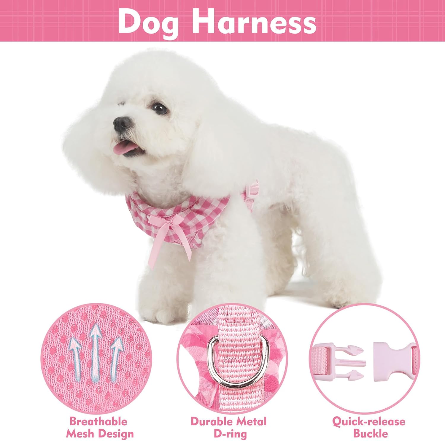 Cute Dog Harness Collar Leash Set - Pink Girl Dog Harness Checkered Step-in Design, Detachable Bow Pet Collar