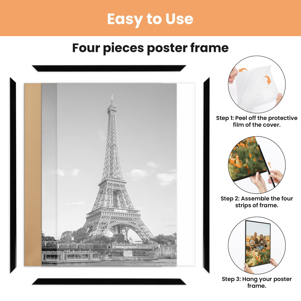 24x36 Poster Frame, Easy Slide-In Assembly, Black, 3 Pack