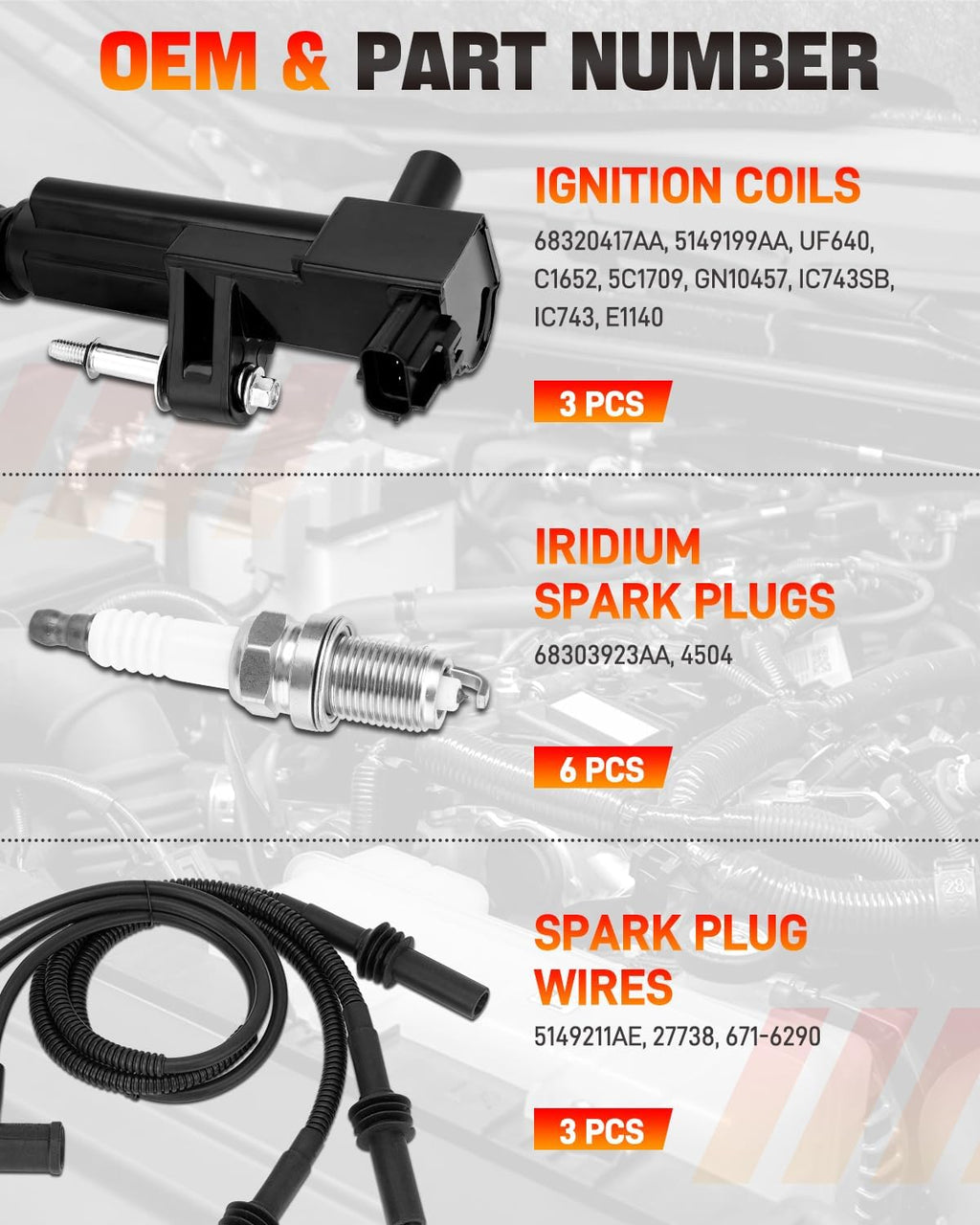 UF640 3 Ignition Coils with 3 Spark plug Wires and 6 Iridium Spark Plugs | Compatible with Jeep Liberty Commander