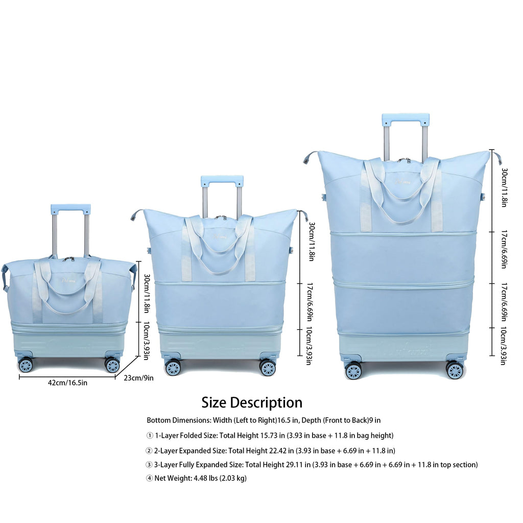 Expandable Rolling Travel Bag with Removable Wheels & Handle, Large Capacity Wheeled Duffle Tote, Foldable Carry On