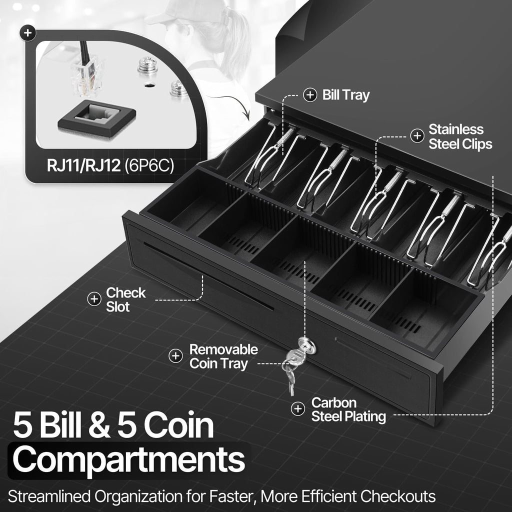 16-Inch Cash Drawer for Small Businesses, 5 Bill/5 Coin, Black | Pos Cash Register Drawer with Rj11/Rj12 Cable