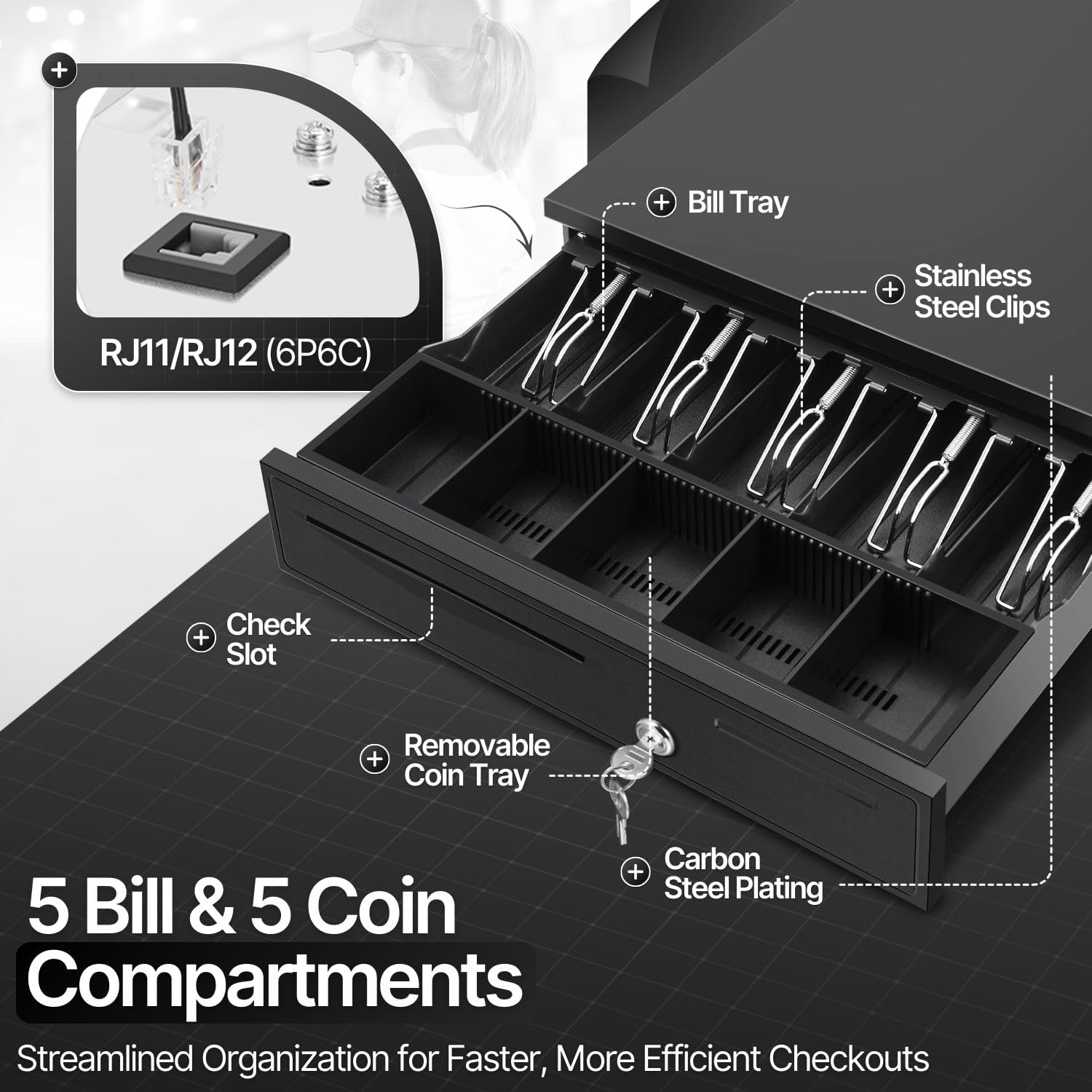 16-Inch Cash Drawer for Small Businesses, 5 Bill/5 Coin, Black | Pos Cash Register Drawer with Rj11/Rj12 Cable