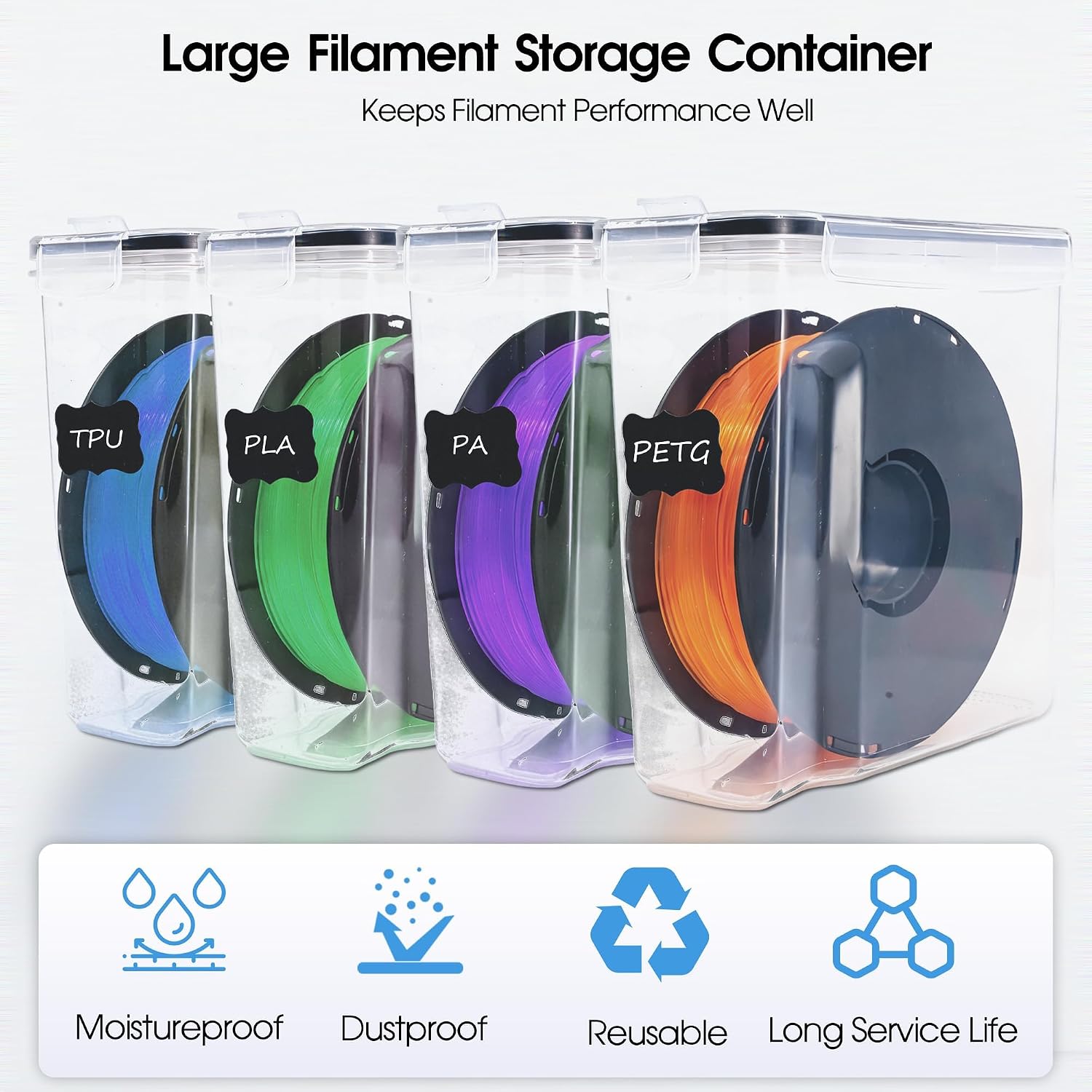 Filament Storage Box 4 Pack 4L Airtight with Desiccant for 3D Printer | 17-piece kit keeps filaments dry: 4 airtight