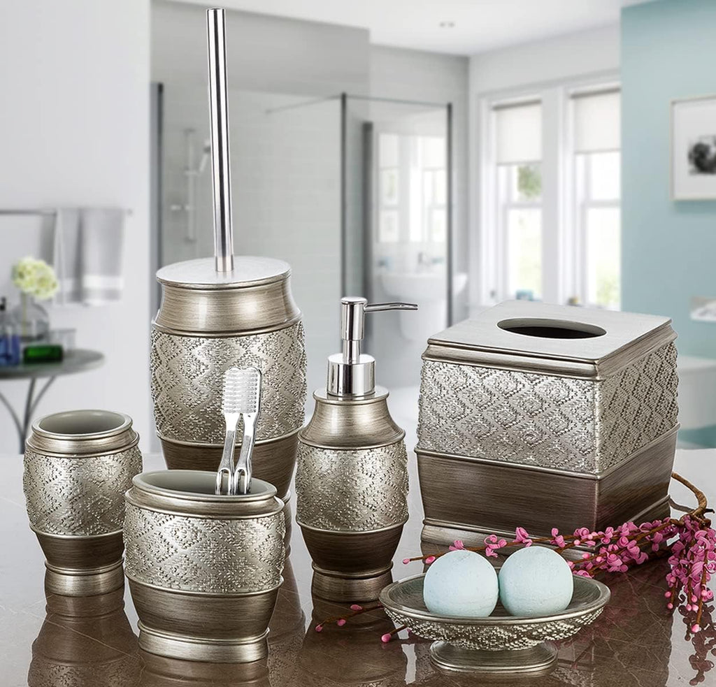 Dublin Silver 4 Piece Bathroom Accessory Set | Includes Soap Dispenser, Toothbrush Holder, Tumbler Cup & Soap Dish