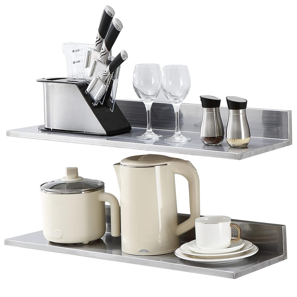 8.6" x 30" -2 Pack Stainless Steel Shelf, Wall Mounted Floating Shelving with Backsplash, 44 lbs Load Capacity