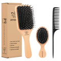 Boar Bristle Hair Brush and Comb Set for Women Men Kids, Best Natural Wooden Paddle Hairbrush and Small Travel