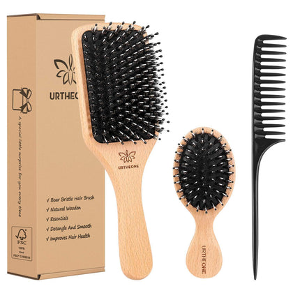 Boar Bristle Hair Brush and Comb Set for Women Men Kids, Best Natural Wooden Paddle Hairbrush and Small Travel