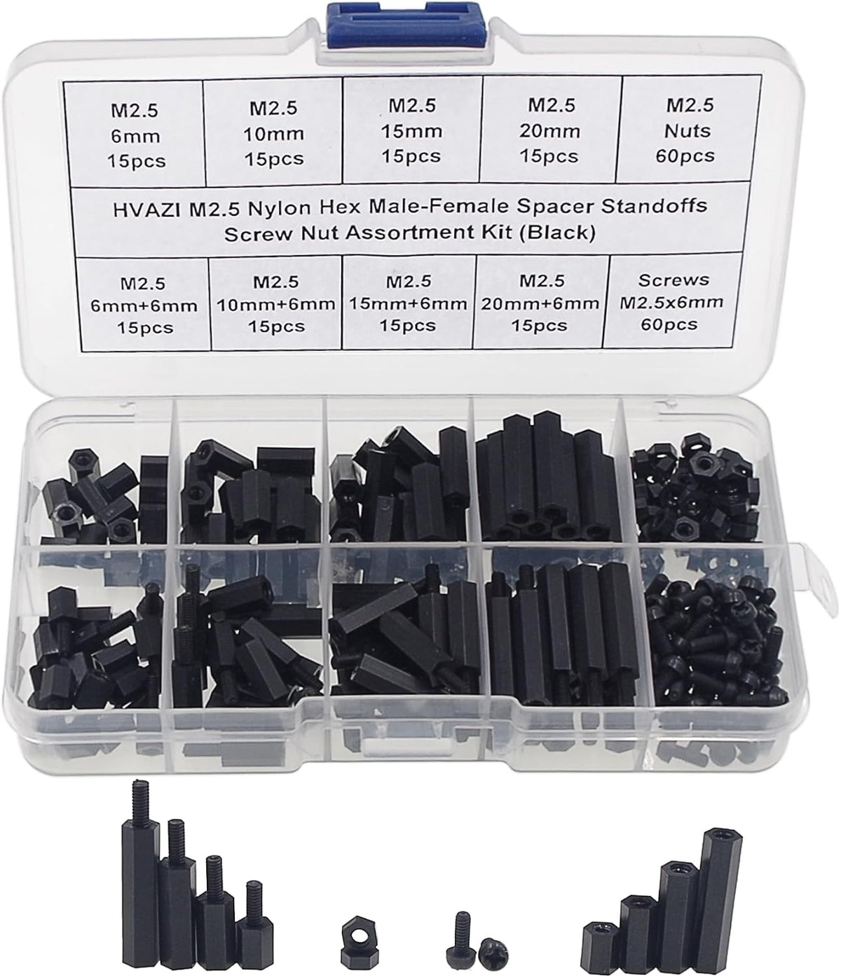 M2.5 Black Nylon Male-Female Hex Standoffs Screws Nuts Assortment Kit