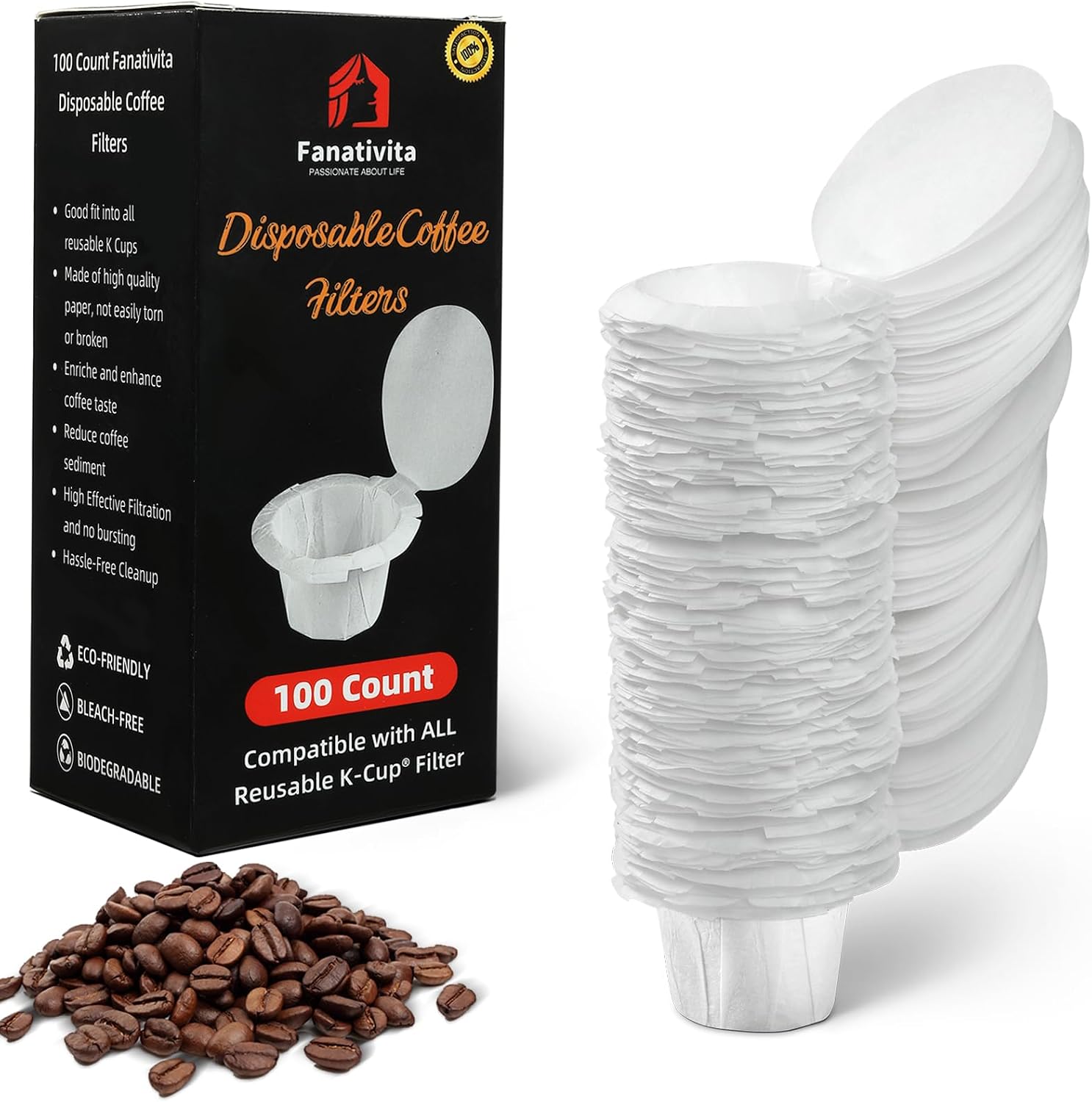 100ct Disposable K Cup Coffee Filters with Genius Lid, White