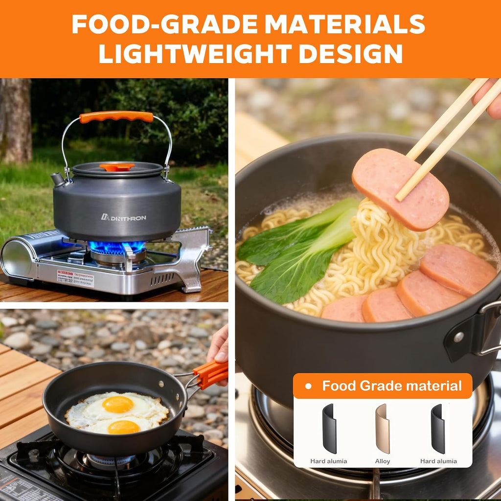 10-Piece Camping Cookware Set with 2L Pot, 1.1L Kettle and Pan | Lightweight backpacking mess kit, durable
