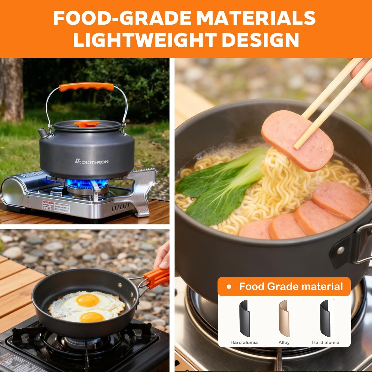 10-Piece Camping Cookware Set with 2L Pot, 1.1L Kettle and Pan | Lightweight backpacking mess kit, durable