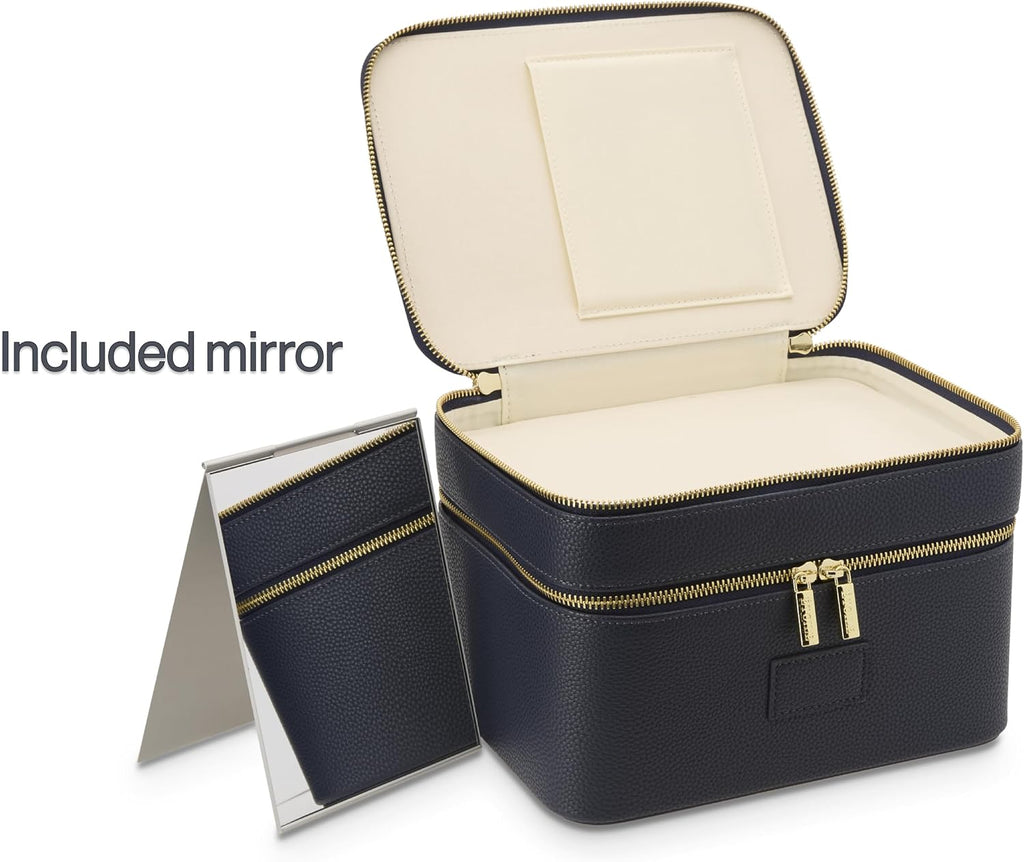 Duo Vanity Case Navy - Large Functional Travel Makeup Bag Organizer with Removable Divider & Mirror