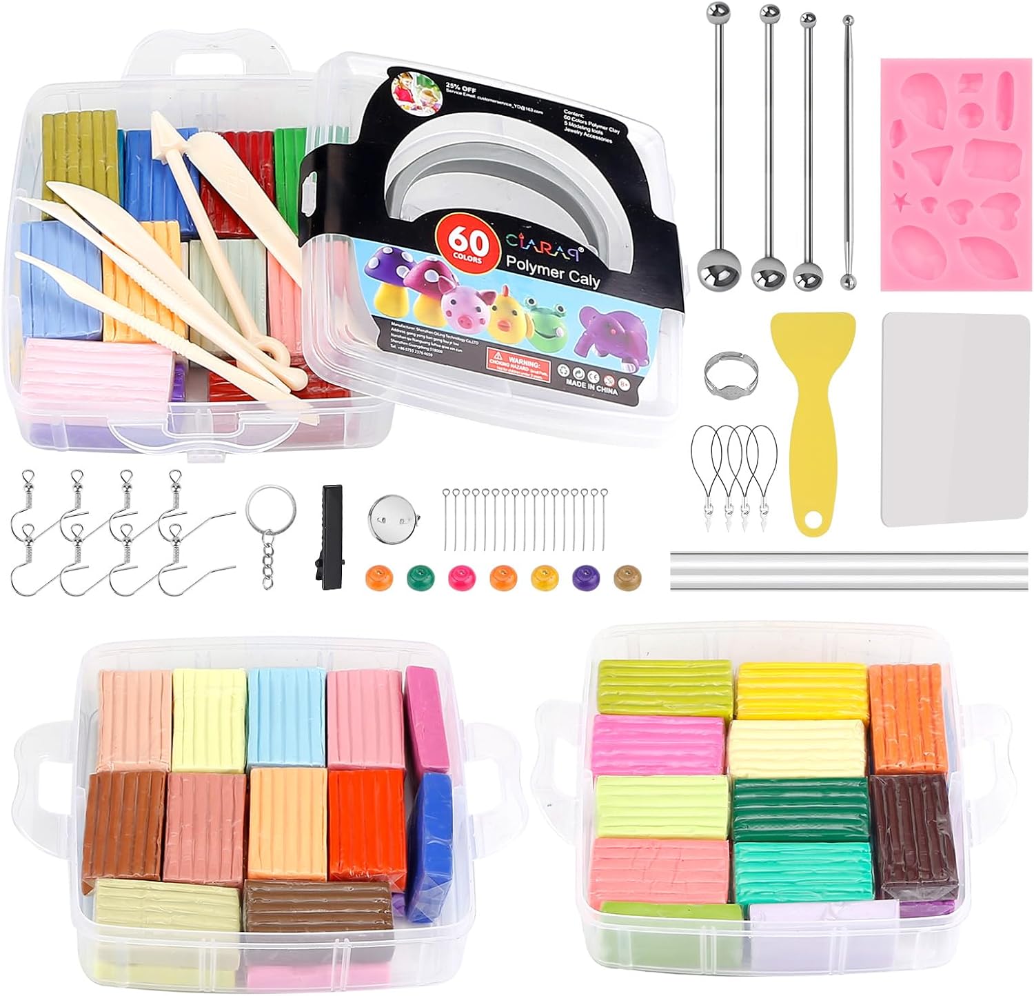 60-Color Polymer Clay Oven Bake Modeling Kit | 12 sculpting tools, 3-layer storage box, acc. pack, guide. Great for