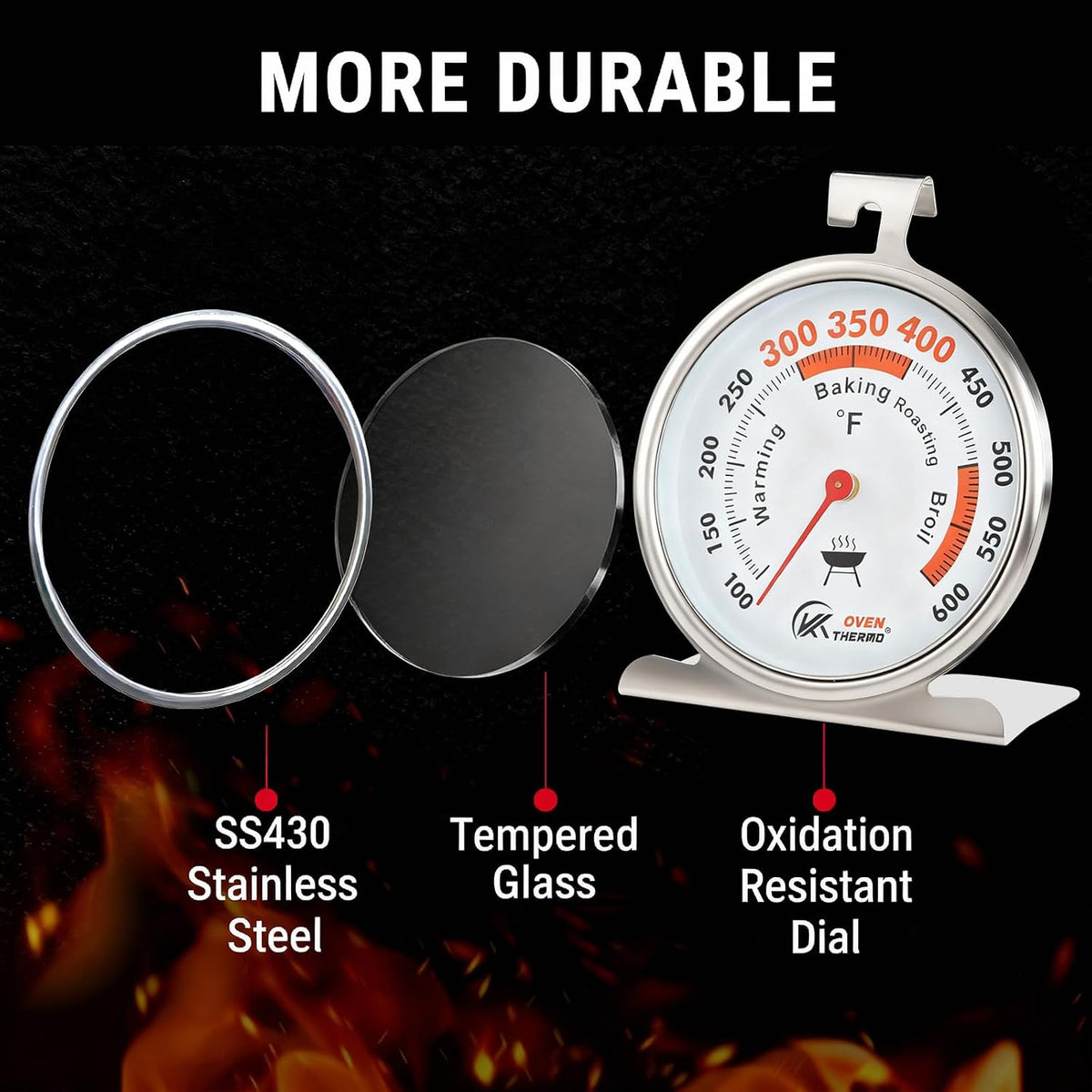 Oven Thermometer 3-Inch Large Dial, 100-600°F, Hook & Stand