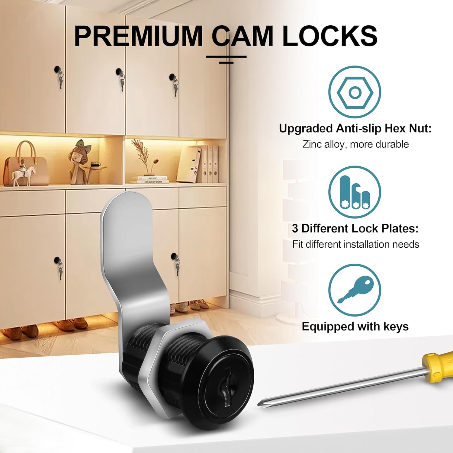 Cabinet Cam Lock with Keys, Keyed Alike,1-1/8 in.,Zinc Alloy,2 Sets