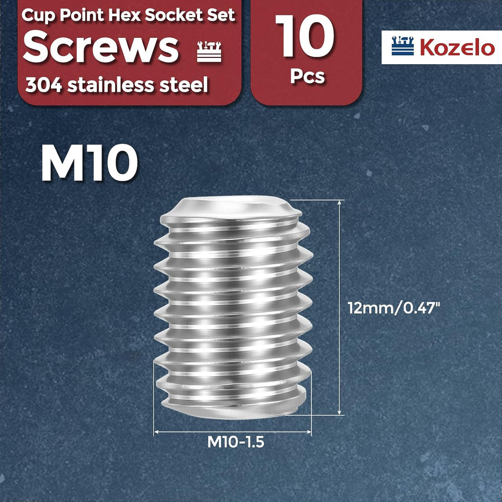 10pcs Cup Point Hex Socket Set Screws-M10-1.5x12mm 304 SS