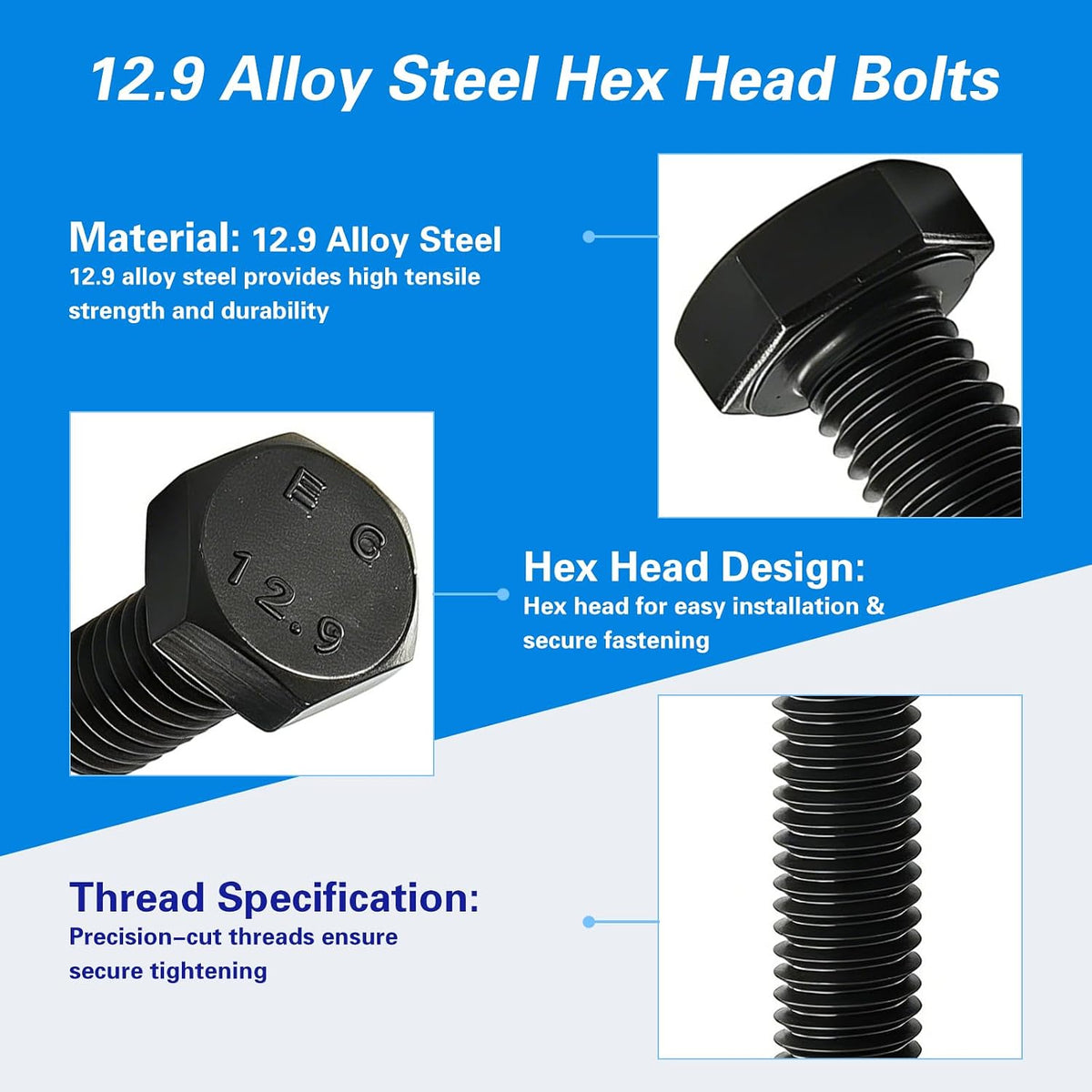 M12x1.75 x 35mm Hex Head Screws Bolts, 12.9 Grade Alloy Steel, Hexagon Head Bolts, Black Oxide Finish, Full Thread, Quantity 8
