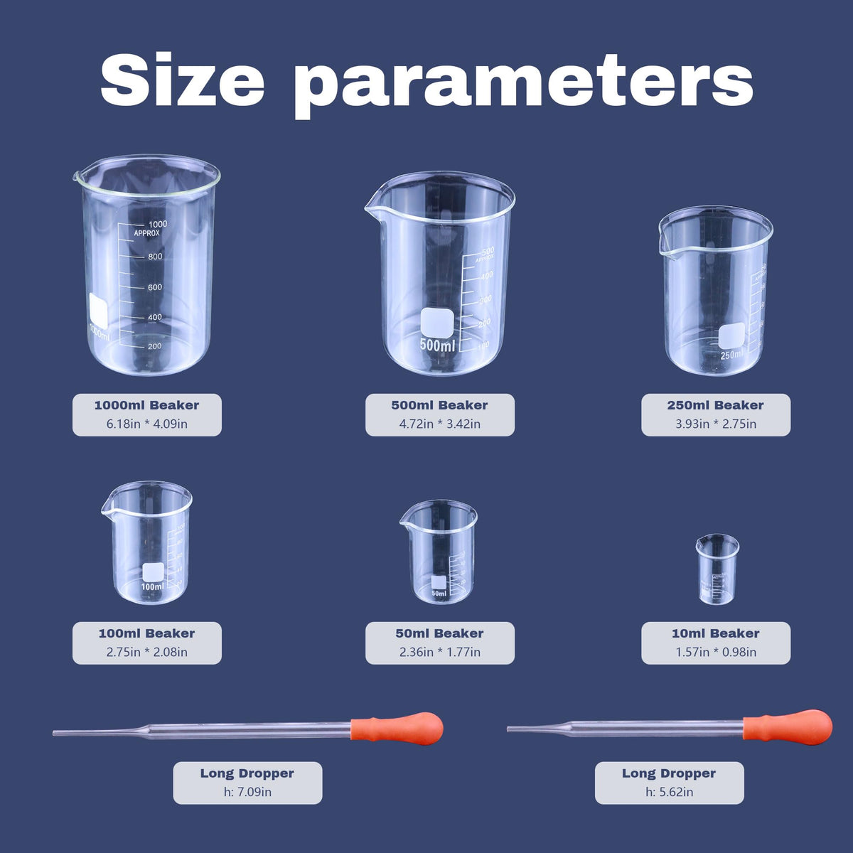 10ml 50ml 100ml 250ml 500ml 1000ml Glass Beaker Set & 2Pcs Pasteur Pipettes