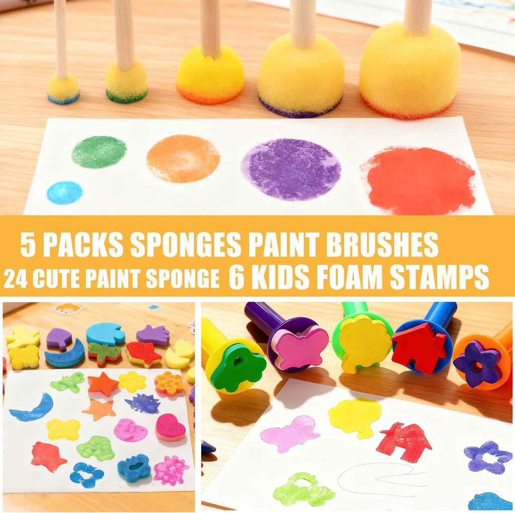 53-Pack Sponge Paint Brushes, Washable Painting Brushes, Toddler Painting Set, Early Learning Foam Roller Sponge Art