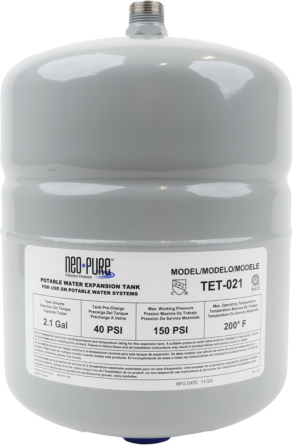 0.52 Gal Thermal Expansion Tank - 3/4" MNPT – Maintains Safe Pressure for Water Heaters with Backflow Preventers