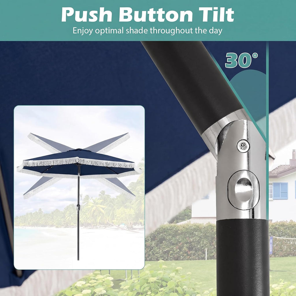 10 FT Solar Patio Umbrella with 24 LED Lights, Market Table Umbrella w/Fringe, Push Button Tilt, Crank Handle, 8