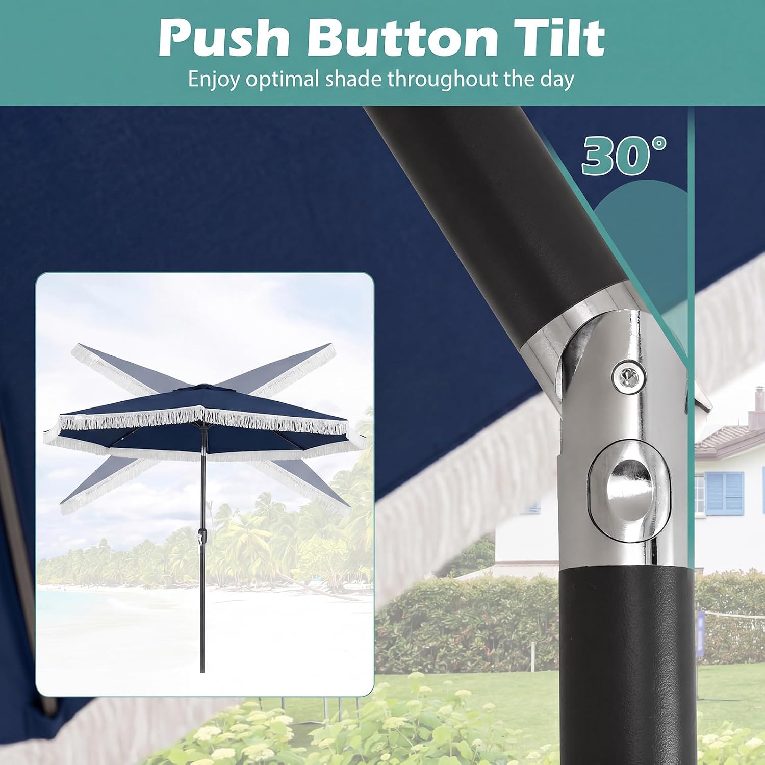 10 FT Solar Patio Umbrella with 24 LED Lights, Market Table Umbrella w/Fringe, Push Button Tilt, Crank Handle, 8