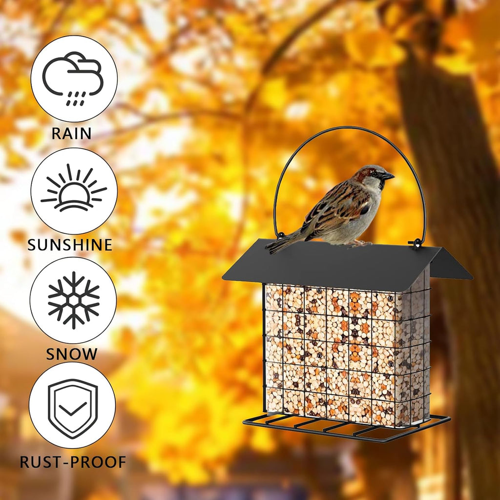 Suet Ball Bird Feeder Outdoor Hanging Metal Wire Wild Bird Feeder Fat Ball Food Feeder with Metal Roof and Platform