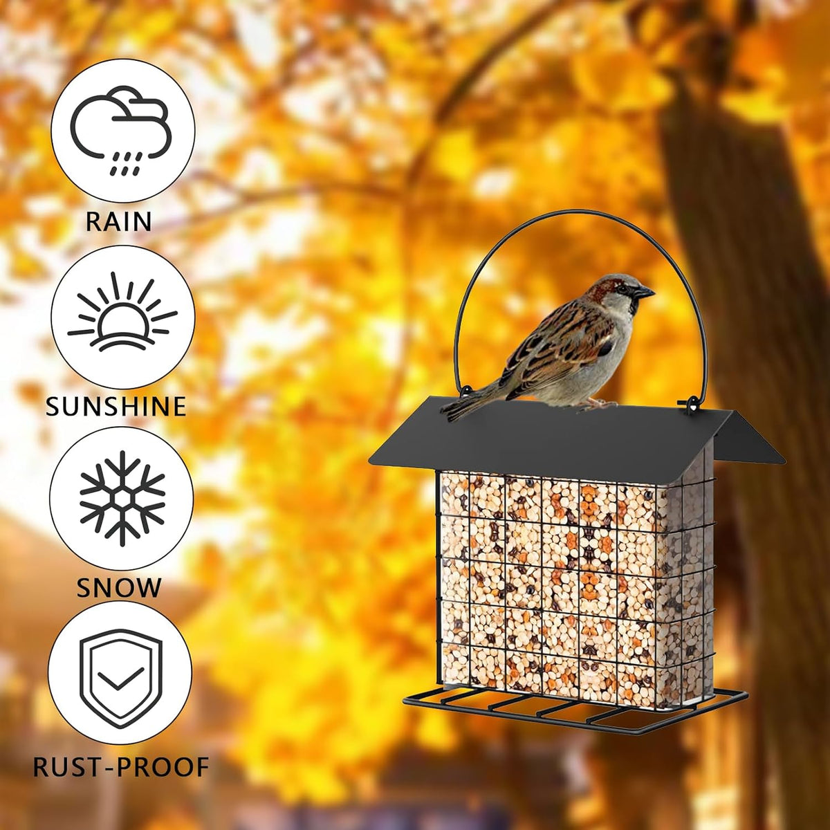 Suet Ball Bird Feeder Outdoor Hanging Metal Wire Wild Bird Feeder Fat Ball Food Feeder with Metal Roof and Platform