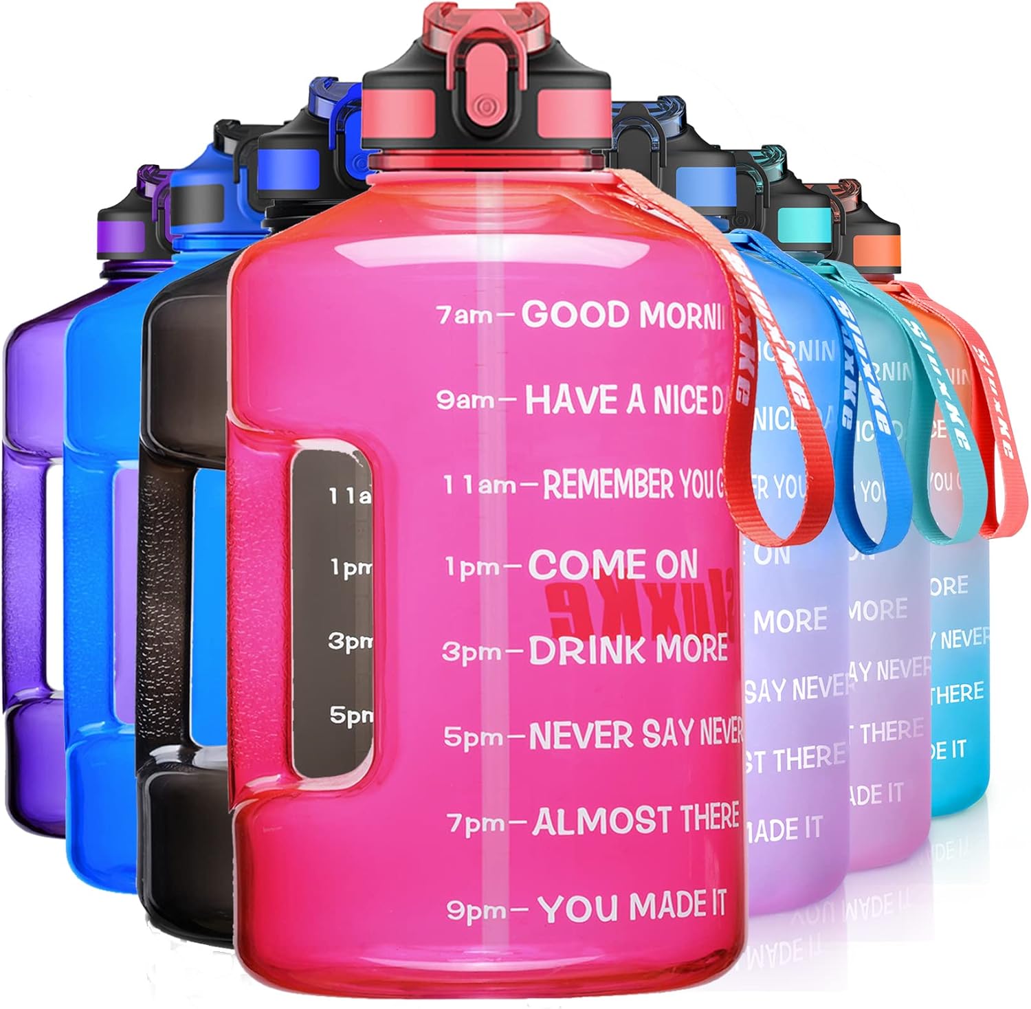 1 Gallon Motivational Sports Water Bottle with Time Marker, BPA Free 128oz Leak Proof Jug, Black, Plastic, 128