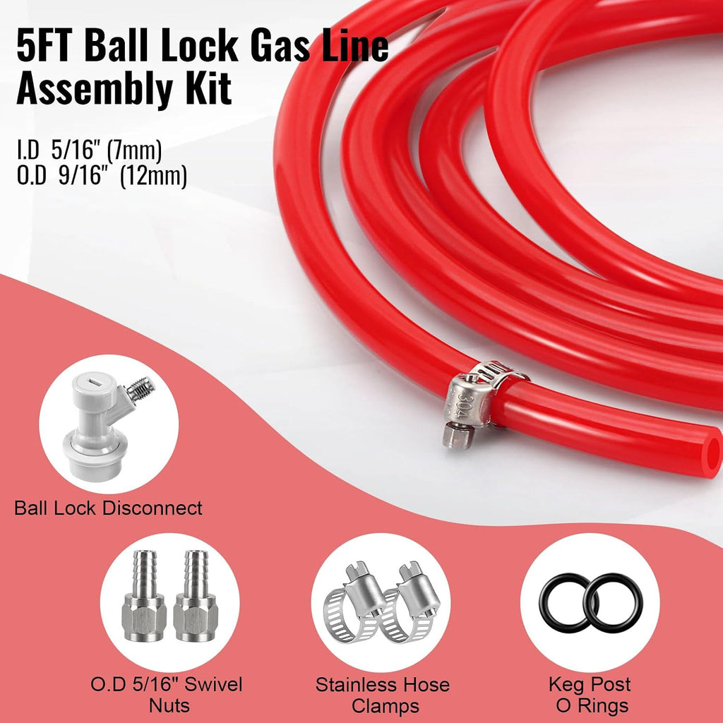 Homebrew Ball Lock Gas Line Assembly, 5 FT Co2 Gas Line Tubing for Kegerator with O.D 5/16”Ball Lock Gas Disconnect