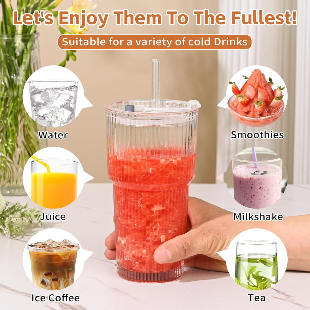 20oz Ribbed Glass Cups with Lids and Straws,1PCS Glass Tumbler with Straw and Lid,Iced Coffee Cups Drinking Glasses