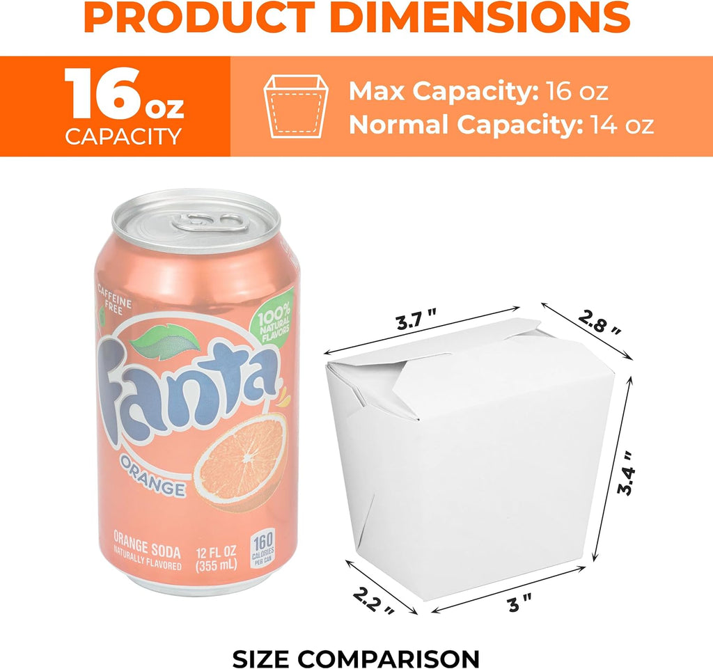 16 oz Chinese Take Out Boxes 50 Pack Plain White Paperboard Food Containers, Leak and Grease Resistant Pint Size
