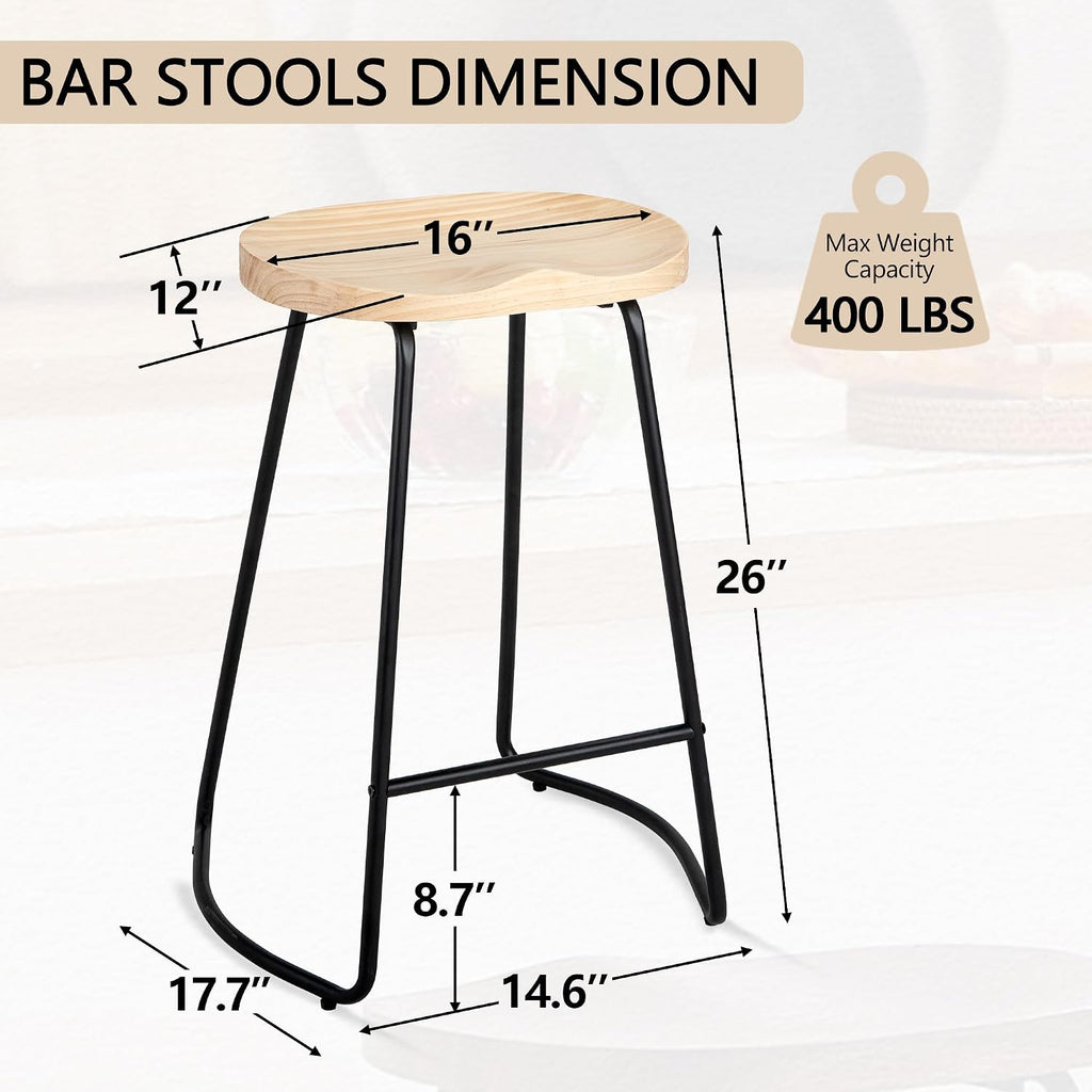 Backless Bar Stools Set of 3, 26" Wood Saddle Counter Stools