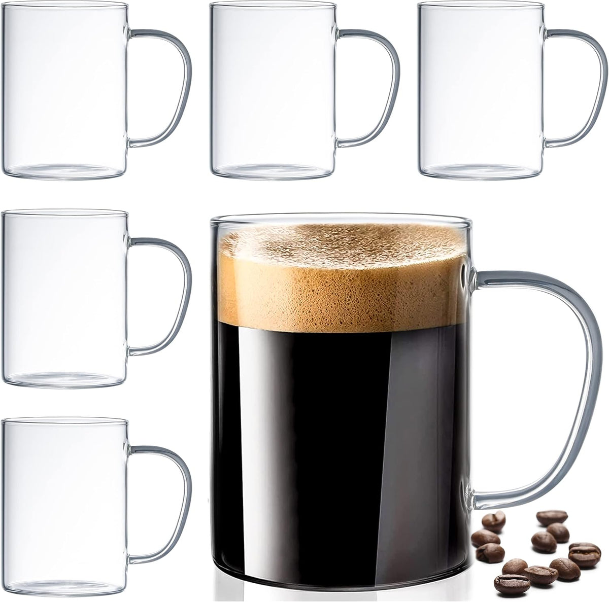 Set of 6 Ultra Durable Sleek Glass Irish Coffee Mugs with Handle, Clear Borosilicate Glass Teacups, Mugs for