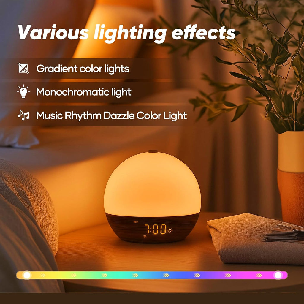 Sunrise Alarm Clock Dual Alarm Clock for Heavy Sleeper | Wood Grain Dimmable Night Light, White Noise Machine for