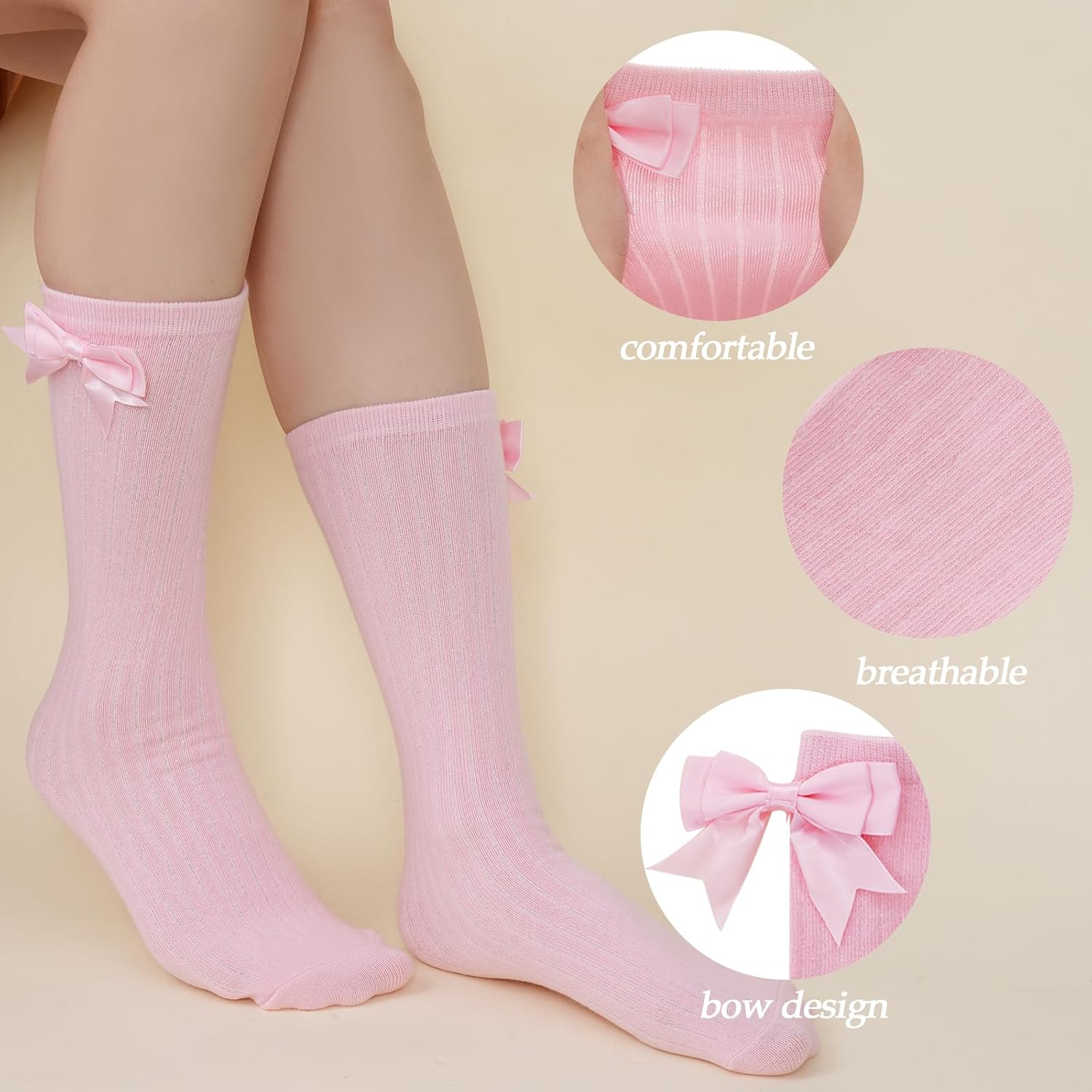 3 Packs Girls Bow Knee High Socks 4 to 12 Year School Uniform Dress Socks