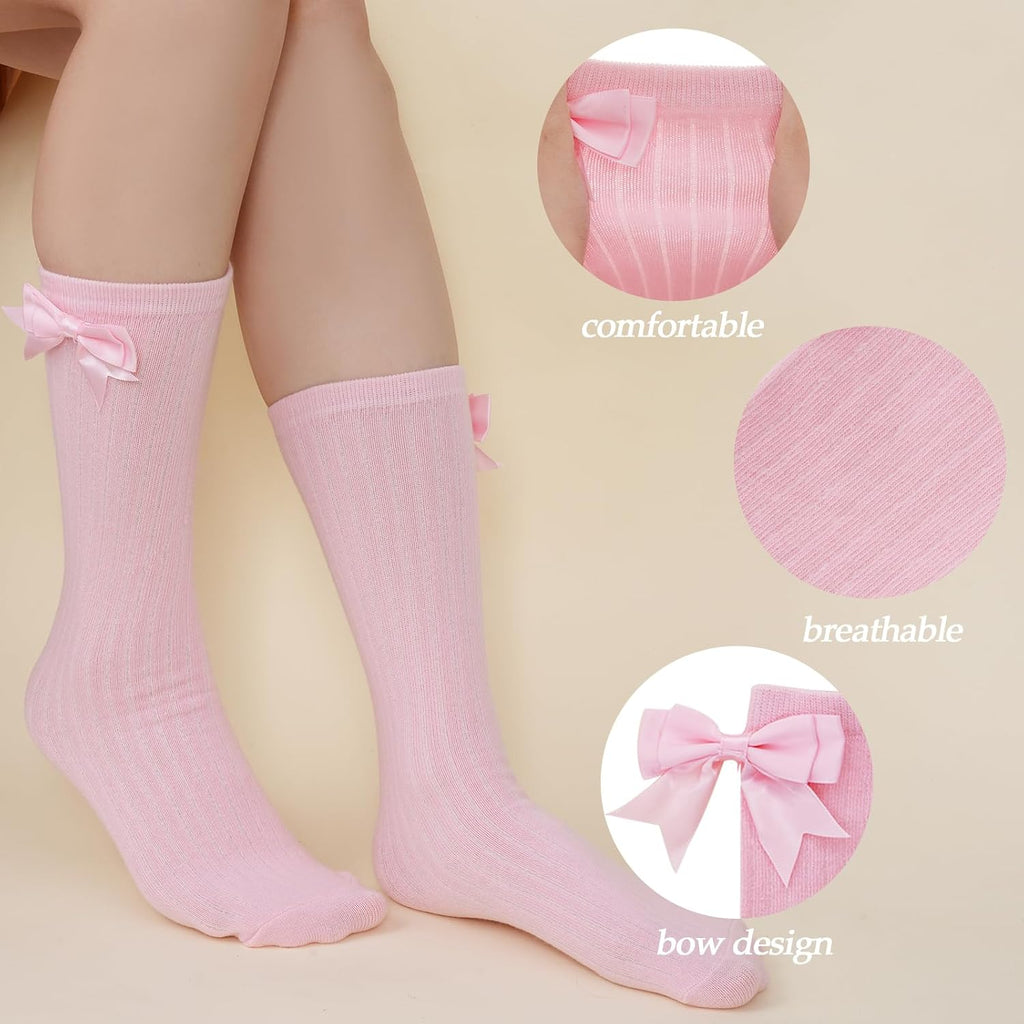 3 Packs Girls Bow Knee High Socks 4 to 12 Year School Uniform Dress Socks