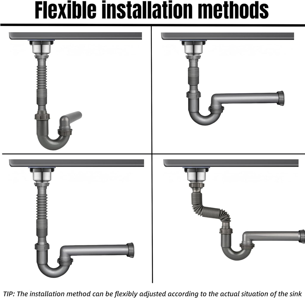 Flexible Sink Drain Kit, 1-1/2 In Expandable P-Trap For Wall Outlet | 1-1/4 In Adapter Included, Tool-Free Setup