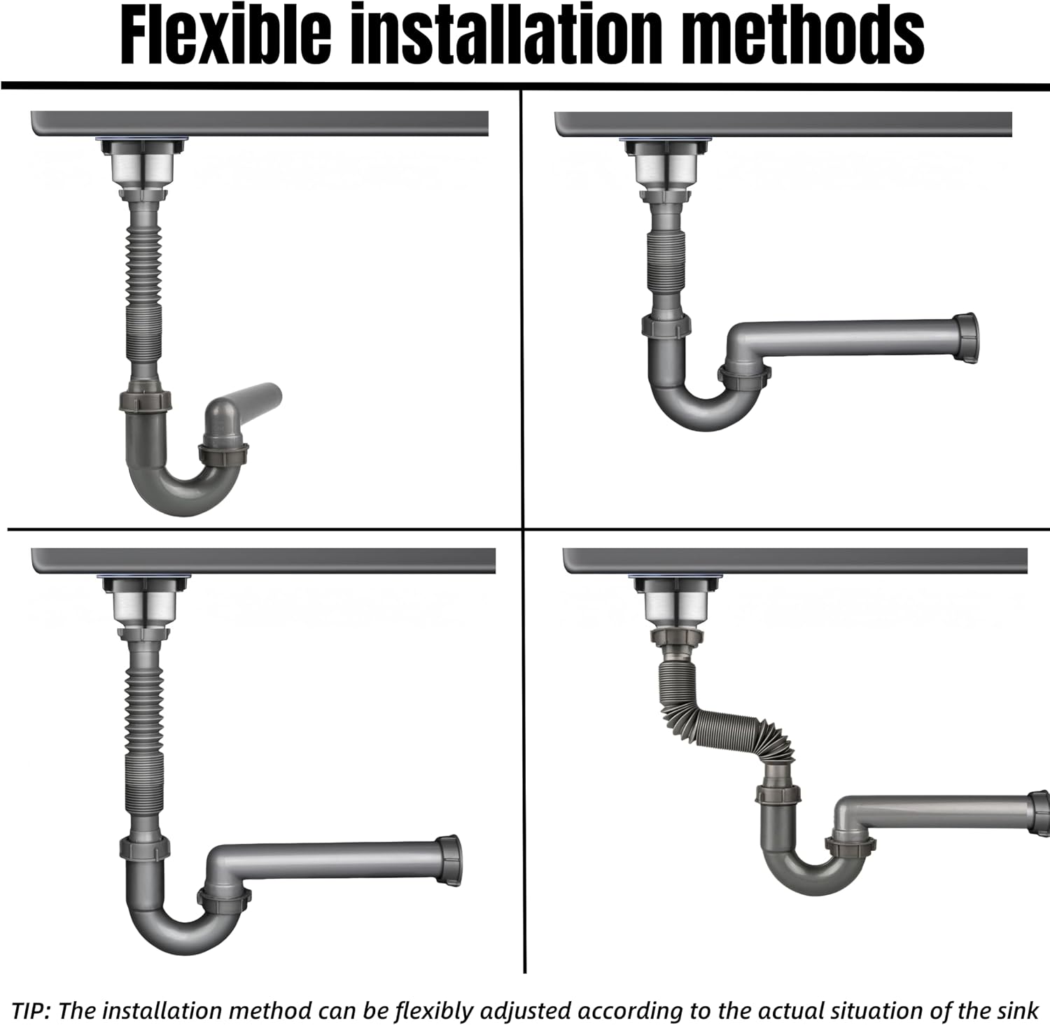 Flexible Sink Drain Kit, 1-1/2 In Expandable P-Trap For Wall Outlet | 1-1/4 In Adapter Included, Tool-Free Setup