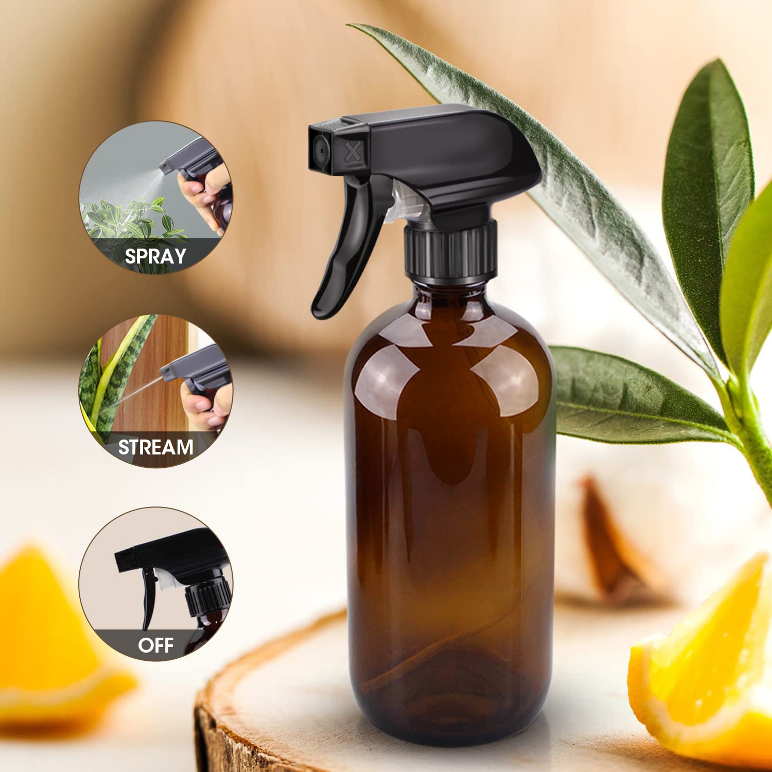 Amber Glass Spray Bottles, 16 oz Glass Spray Bottles for Cleaning Solutions and Essential Oils, Refillable Empty