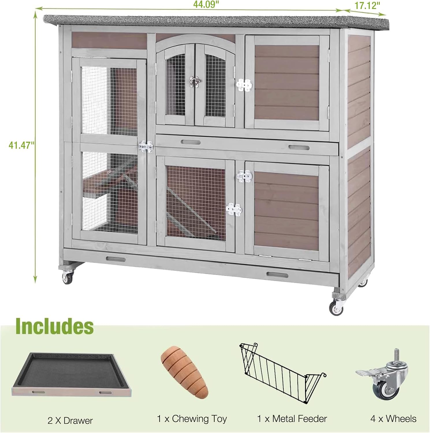 Guinea Pig Cage 2-Tier Indoor Outdoor Rabbit Hutch with Wheels, Leakproof Tray, Easy Clean Small Animal Habitat for