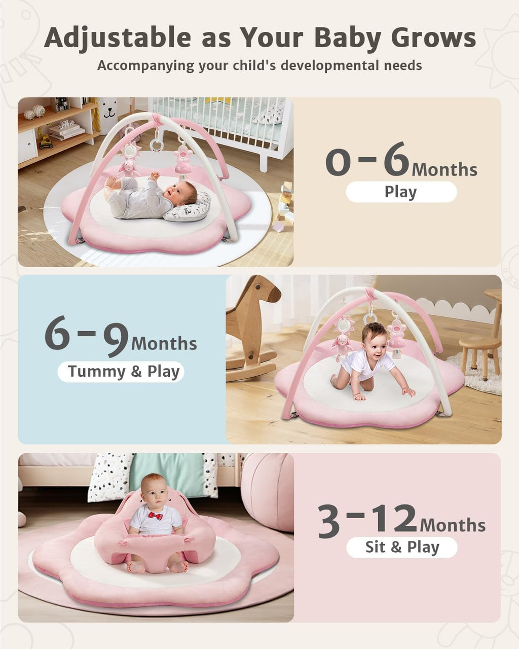 3-in-1 Baby Play Mat, Baby Seats for Infants for Sitting Up, Tummy Time Mat with 5 Detachable Toys, Activity Gym &