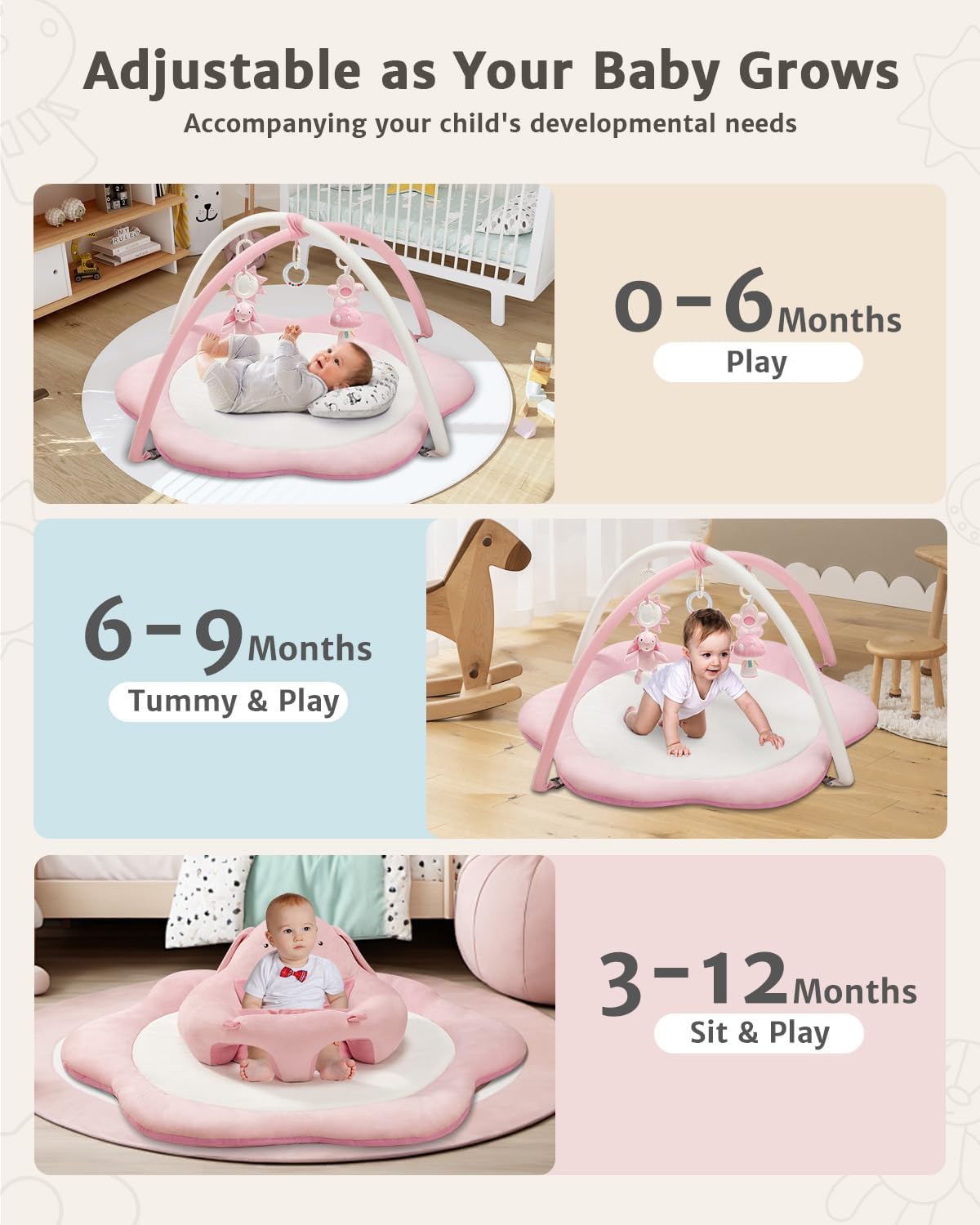 3-in-1 Baby Play Mat, Baby Seats for Infants for Sitting Up, Tummy Time Mat with 5 Detachable Toys, Activity Gym &