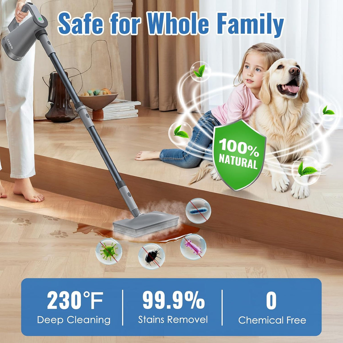 Steam Mop & Detachable Handheld Steam Cleaner for Home and Floor | 15s Heat-Up, 230°F Floor Steamer for Deep Cleaning
