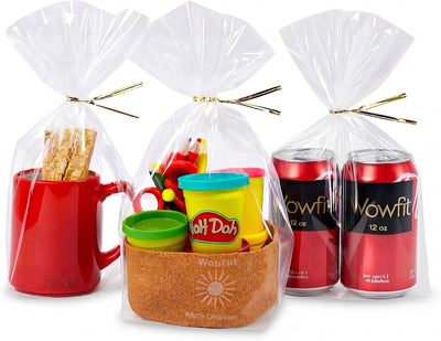 8x12 Clear Cellophane Gift & Goodie Bags, 50 CT, 6" Gold Twist Ties